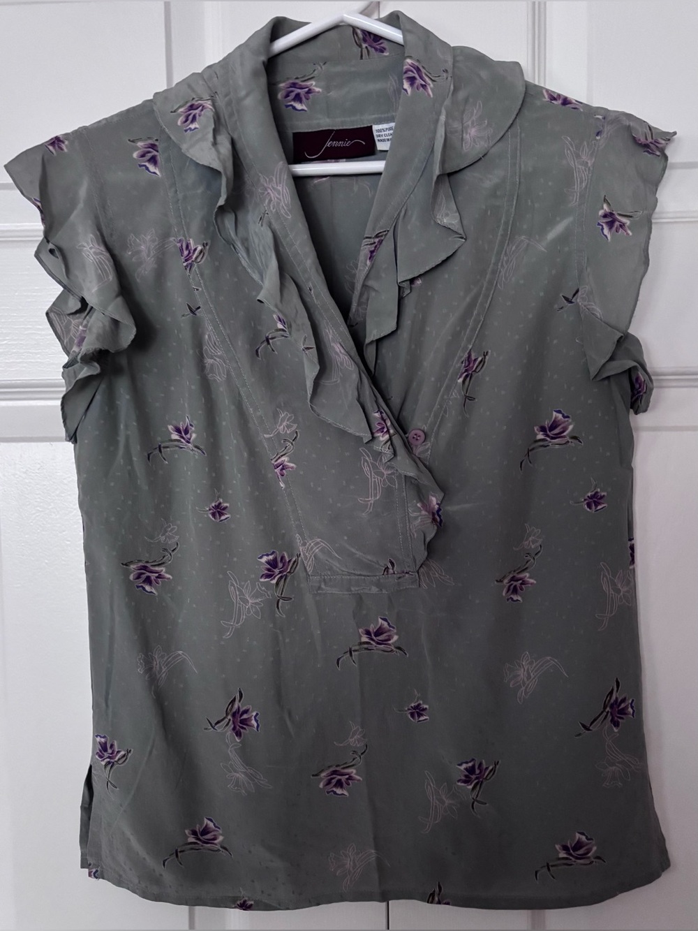 Vintage Two Piece Pure Silk Blouse Dress Skirt Purple Floral Accent Set